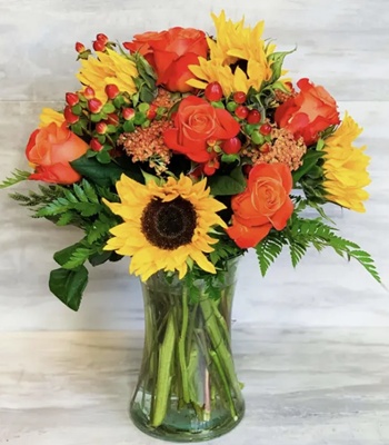 Sunflowers And Orange Rose Bouquet